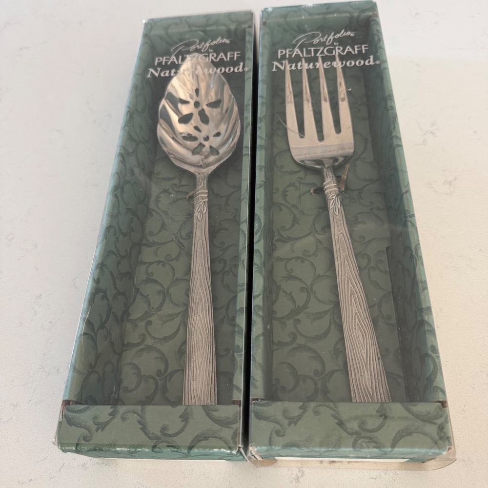 Pfaltzgraff Naturewood Serving Spoon Cold Meat Fork Set New In Box Stainless